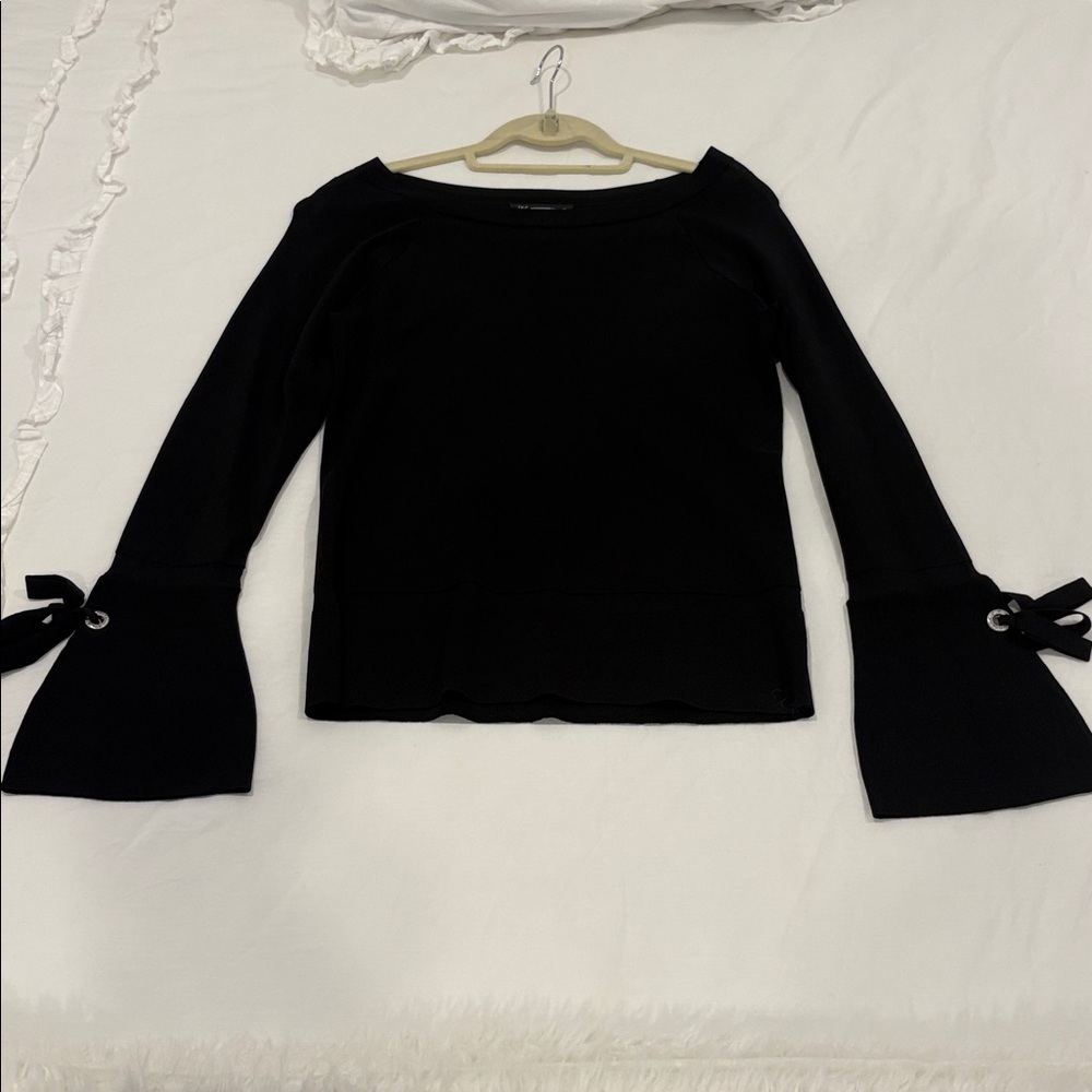 INC International Concepts Black Sweater with crystal detail and bow on sleeves
